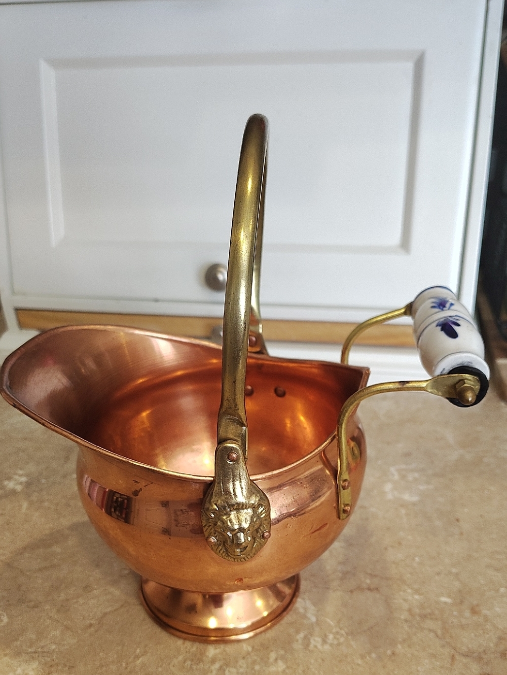 Vintage Copper Coal Scuttle with Brass Handle and Ceramic Grip